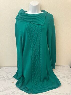 Style&Co Sz M Green Cowl Neck Tunic Sweater Chunky Knit Long Sleeve Pullover